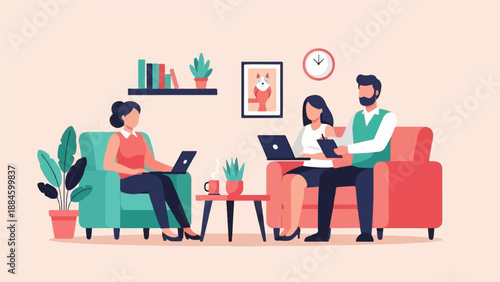 People working on laptops on a sofa with a framed picture and a clock