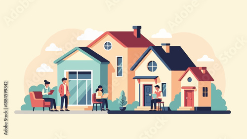 Stylized illustration of people working remotely near houses