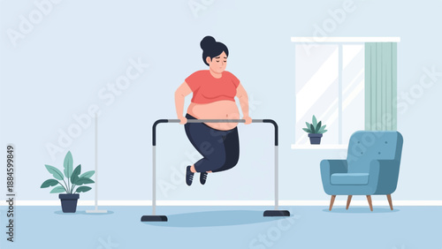 Overweight person struggles on a horizontal bar indoors with a chair and plants