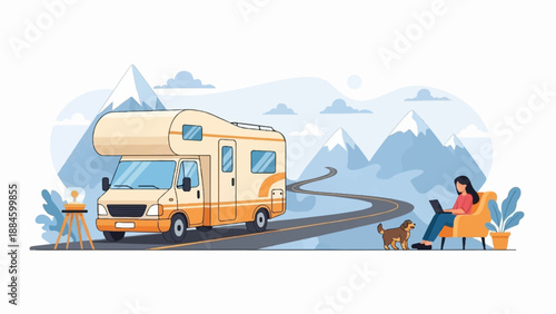 Woman with dog uses laptop beside camper van amidst scenic mountains