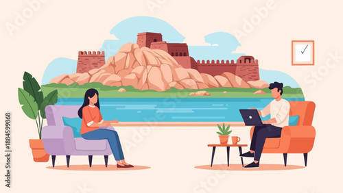 Two people enjoying a tranquil view of a historic fort by a lake, working from home