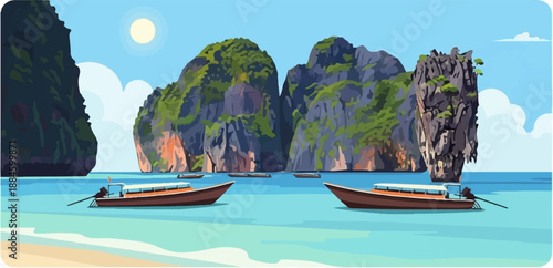 Tropical ocean scene with limestone cliffs and boats on turquoise water