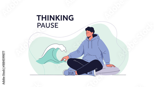 Man in Hoodie Meditating, Visualizing Calm Wave, Mindfulness Concept