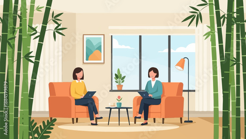 Two women relax in cozy chairs with laptops, bamboo decor