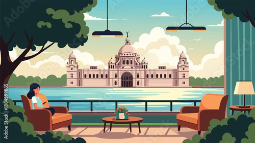 Woman relaxes on patio with grand building and water view