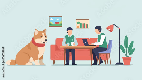 Two people and a dog in a minimalist room with furniture