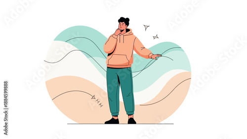 Man in Hoodie Thinking on Abstract Beach Background, Contemplation