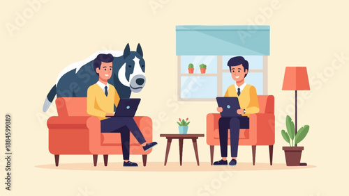 Two men with laptops and a dog in a cozy room with plants