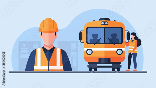 Railroad workers, a train and control panel in a modern flat design