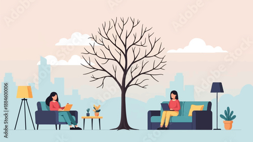 Two people working on laptops in living rooms with a city skyline background