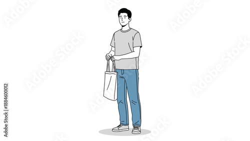 Man holding shopping bag, simple line drawing illustration