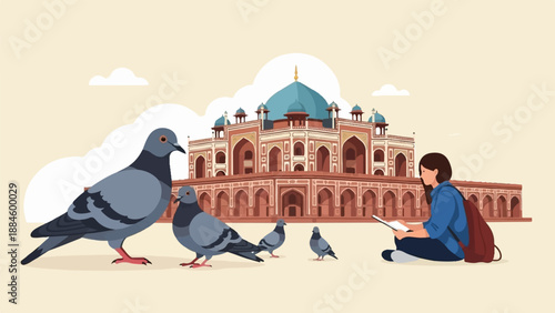 Pixel art of pigeons and a student at a historical monument