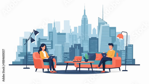 People working on laptops on couches with city skyline backdrop