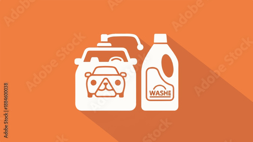 Stylized cartoon of a car wash concept with cleaning supplies on orange background