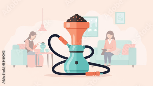 Two women relax in a room with a large hookah and a coffee-making setup