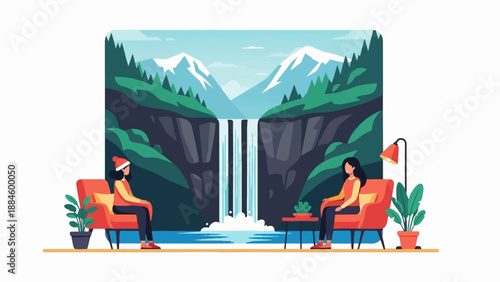 Two people relax by a waterfall and snowy mountains in a tranquil setting