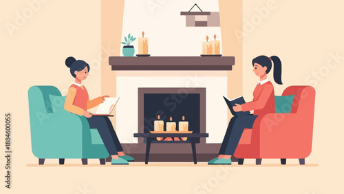 Two women relax by a fireplace, reading books in cozy chairs