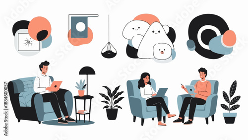 People relax on armchairs using laptops and tablets in a modern setting