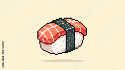 Pixel art salmon nigiri sushi with nori band on light yellow background
