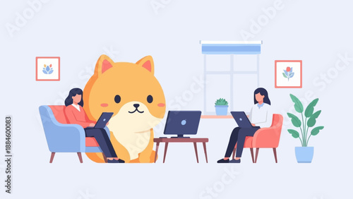 Two women working on laptops in a cozy room with a large dog