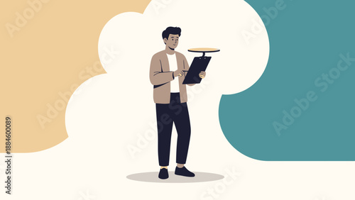 Man holding tablet with drone controller, planning flight, modern vector illustration