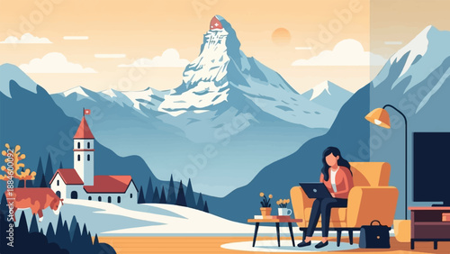 Person working on laptop in cozy interior with snowy mountain backdrop