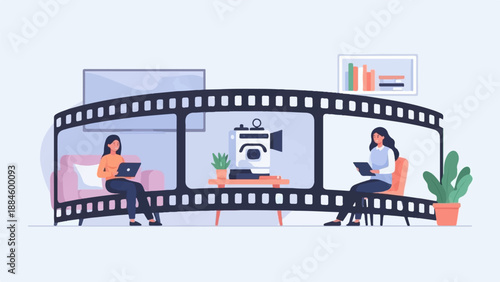 Two women work on laptops and tablets inside a film strip frame