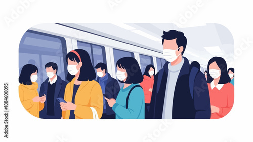 People wearing masks wait on a platform beside a train