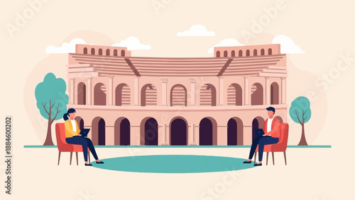 Two people using laptops outside a historical amphitheater on a sunny day