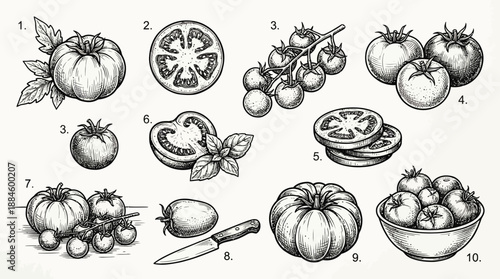 Tomato Form Illustration Set – 10 Detailed Black & White Botanical and Culinary Sketches for Educational, Editorial, and Kitchen Reference Use