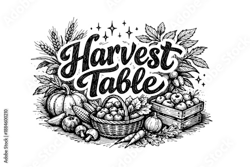 Hand-drawn "Harvest Table" lettering surrounded by autumn bounty and fall foliage