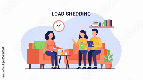 People discussing and using devices in a living room setting during a blackout