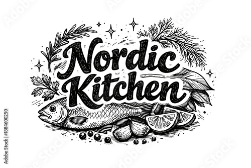 Nordic Kitchen hand-drawn lettering with fresh ingredients and fish illustration