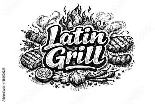 Latin Grill Hand Drawn Logo with Meats and Spices