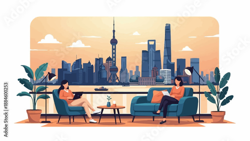 Two women relax in a modern apartment with a city skyline view