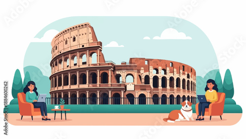 Two women and dog relax outside ancient amphitheater, working on laptops