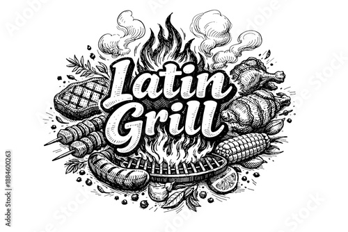 Latin Grill: A Hand-Drawn Illustration of Fiery Barbecue Delights and Savory Meats
