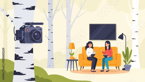 Two women converse indoors near a couch and television, while a camera is mounted on a tree