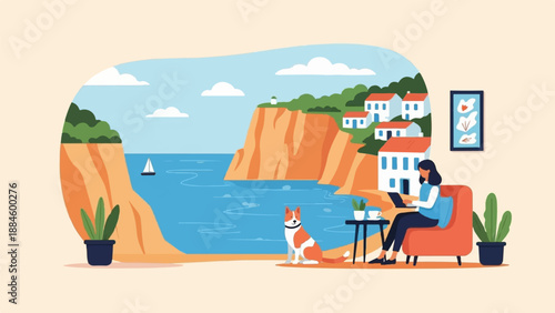 Woman working remotely with dog and view of coastal village and ocean