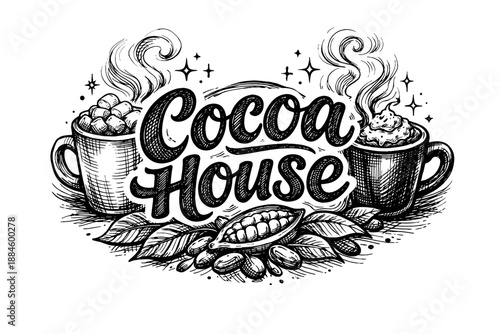 Hand-drawn "Cocoa House" logo with hot chocolate mugs and cocoa beans