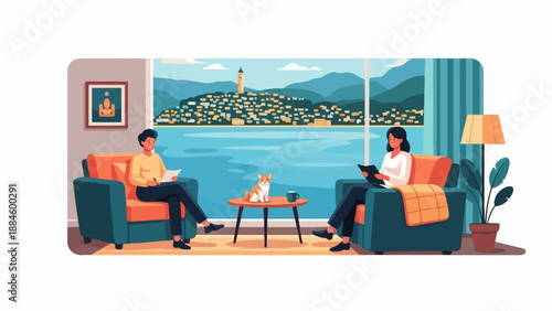 People relax indoors with a view of a coastal town and water