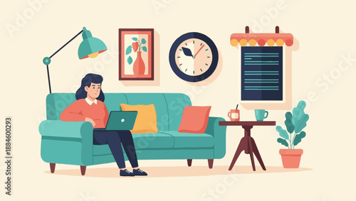 Woman working on a laptop on a teal couch in a minimalist room