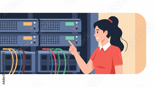 Woman interacting with server racks and network cables