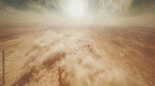A powerful dust storm kicks up fine particles across a vast barren landscape under a hazy bright sun