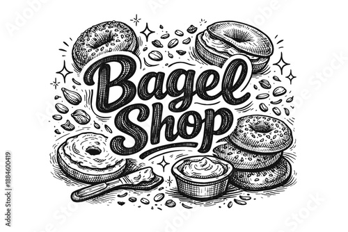 Hand-drawn "Bagel Shop" lettering with delicious bagels and cream cheese illustration