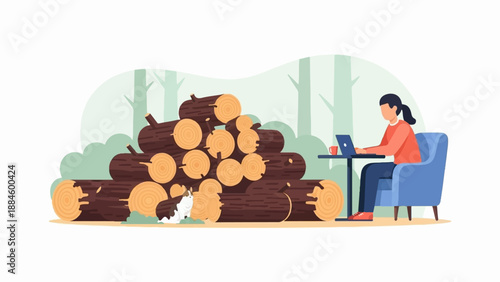 Person working on laptop near a pile of logs with a cat