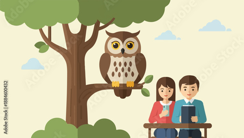 People on bench under tree with owl, studying with tablet and phone