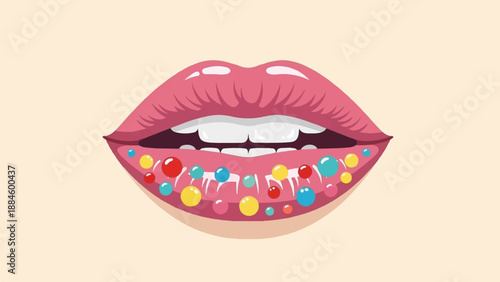 Pink lips with colorful round candies scattered on the lower lip