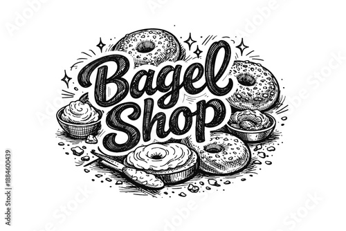 Hand-drawn "Bagel Shop" logo with bagels and cream cheese, black and white sketch