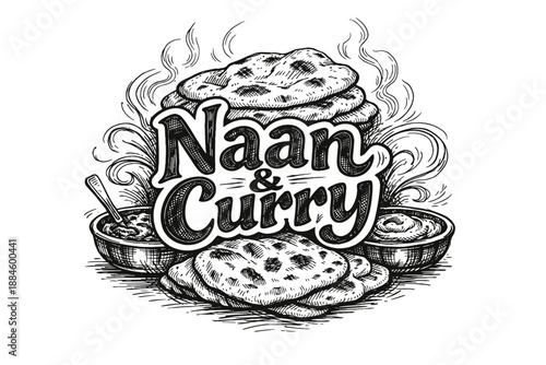 Naan and Curry logo design in sketch style with steam and dips